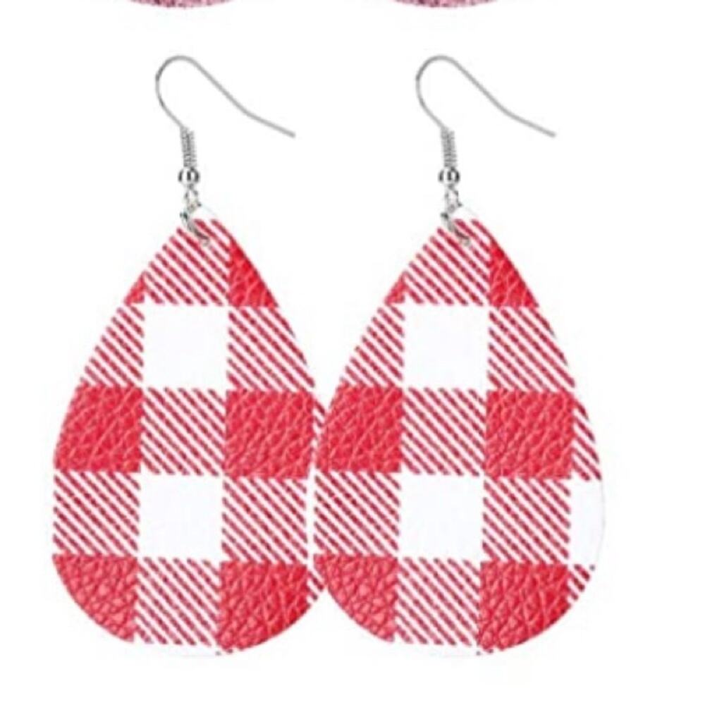 Valentines Faux Leather Bufflo Checker Earrings - Picture 2 of 5